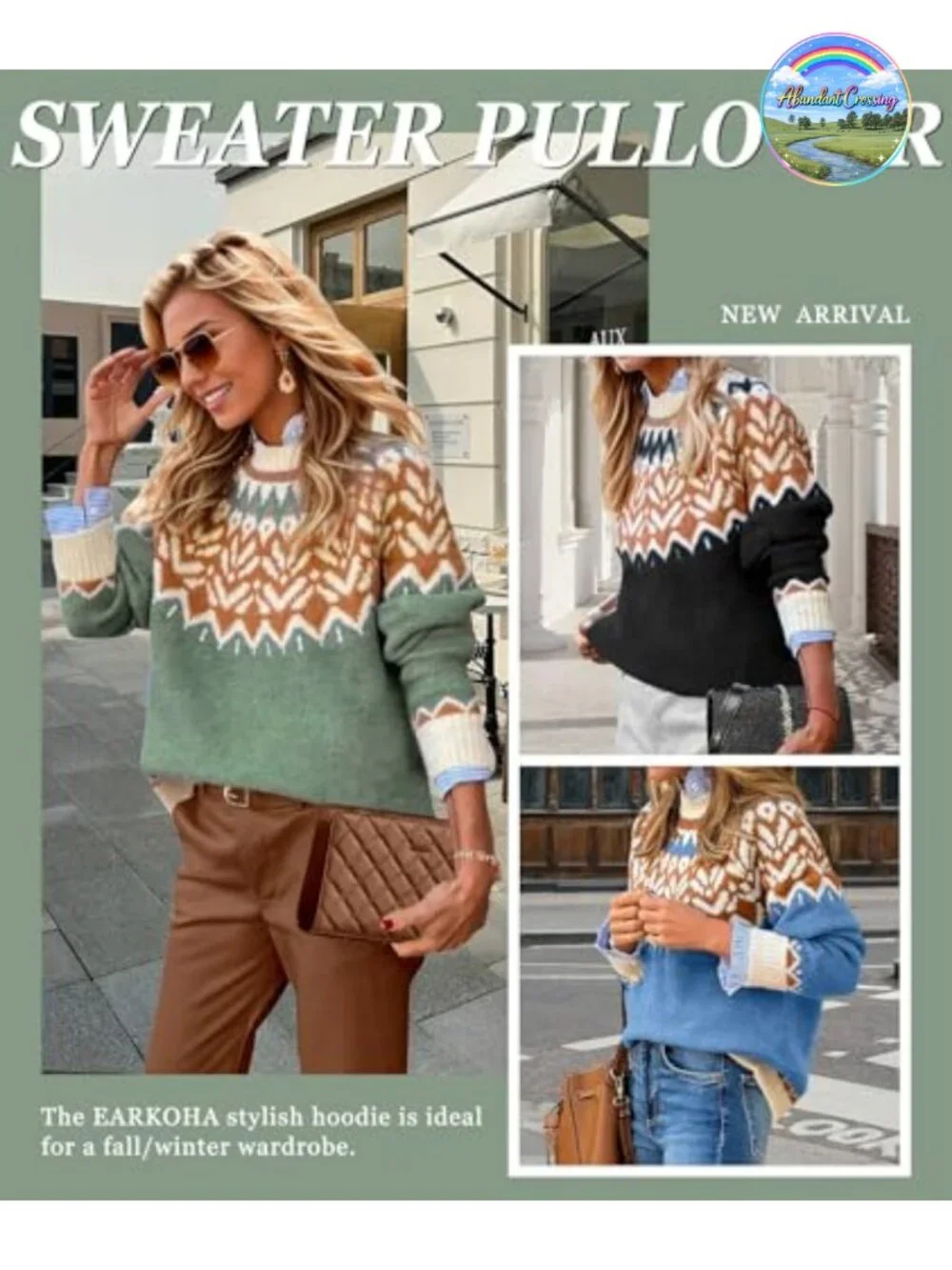 Womens Fair Isle Mock Neck Ribbed Knit Pullover Sweater Fall Winter
